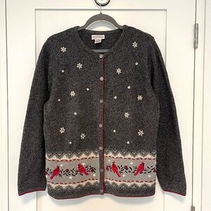 Northern Reflections Grey Cardigan Sweater with Embroidered Bird Border